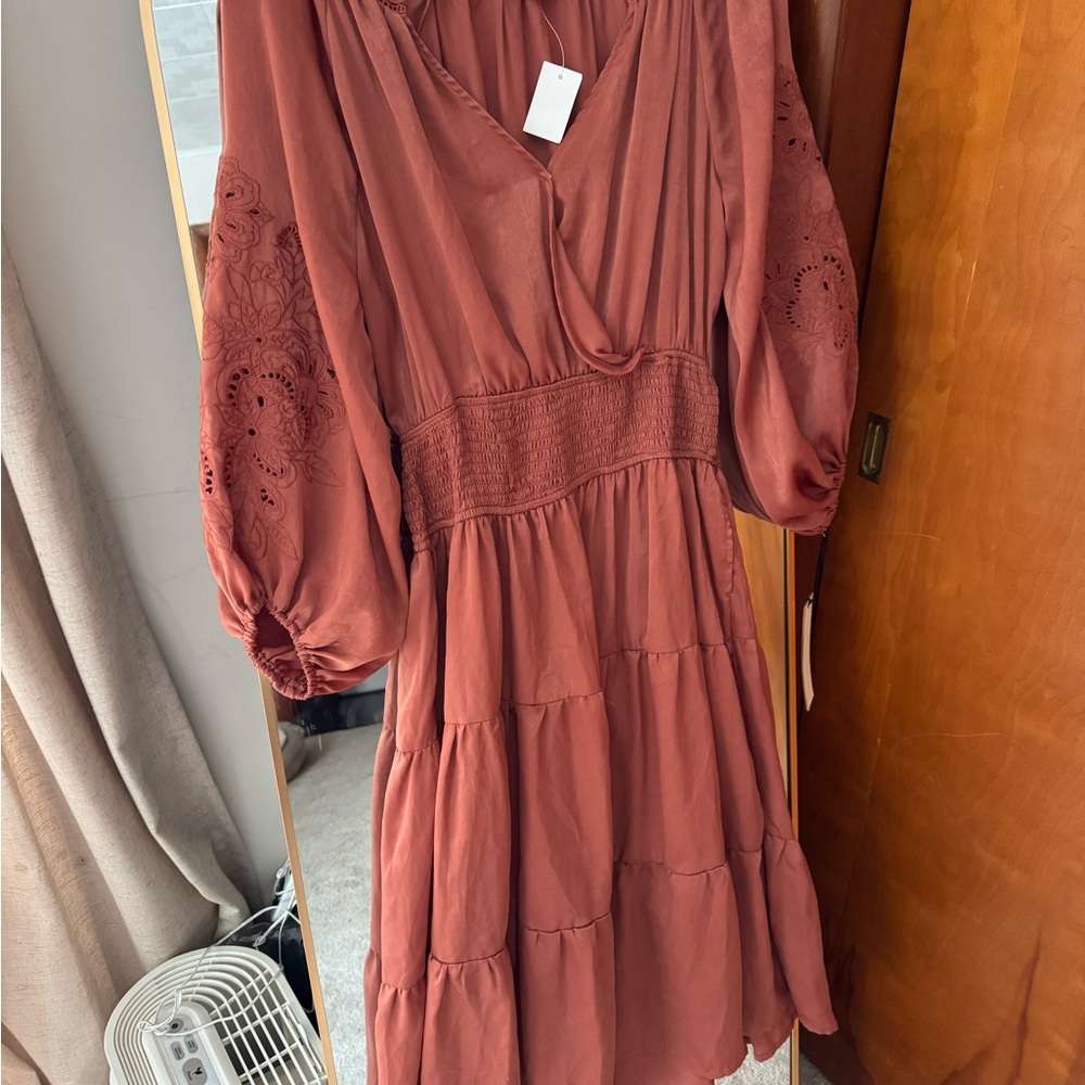 NWT Chic Terracotta Maxi Dress with Embroidered Sleeves